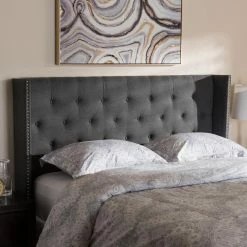 Outlet 🤩 Upholstered Headboards Baxton Studio Ally Fabric Button-Tufted Nailhead Winged Headboard 🧨